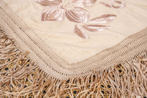 19th century embroidered tablecloth with floral and fringe decoration