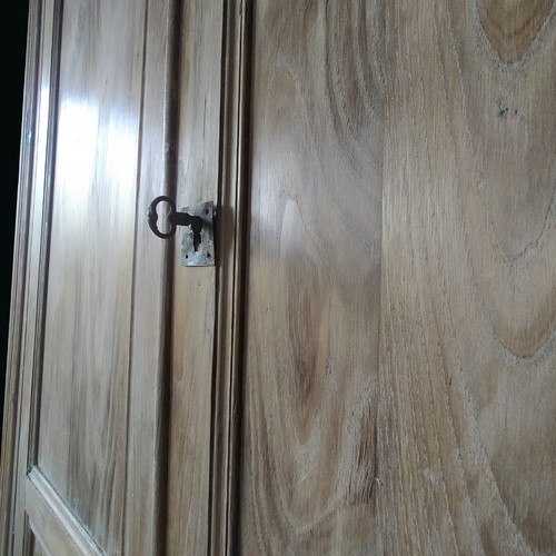 Two antique double cupboard doors in noble wood with their front woodwork frame