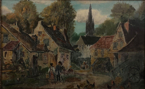 Oil on panel by G. Colin Breton landscape street scene early 20th century