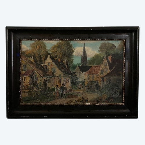 Oil on panel by G. Colin Breton landscape street scene early 20th century