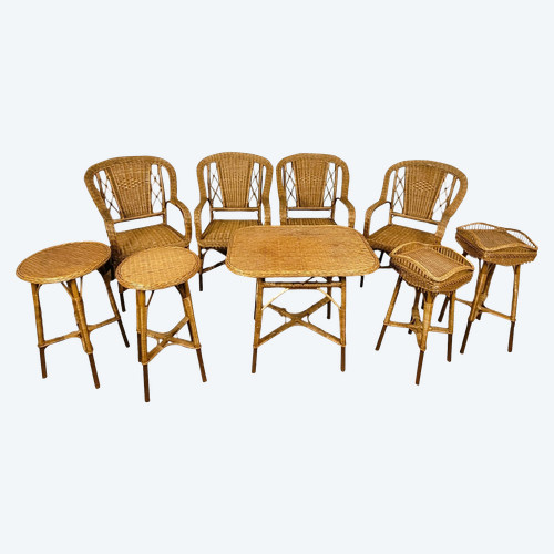 Set Of 9 Wicker Living Room Pieces, Mid-20th Century