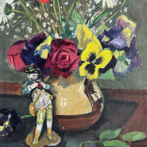 Öl auf Leinwand Blumenstillleben und Statuette 1920