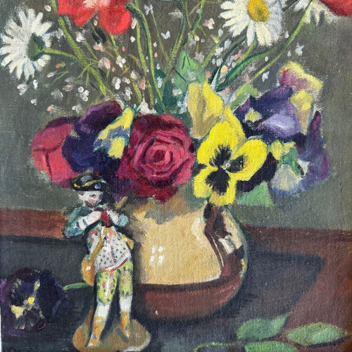 Öl auf Leinwand Blumenstillleben und Statuette 1920