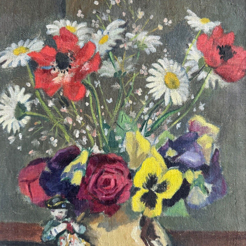 Öl auf Leinwand Blumenstillleben und Statuette 1920