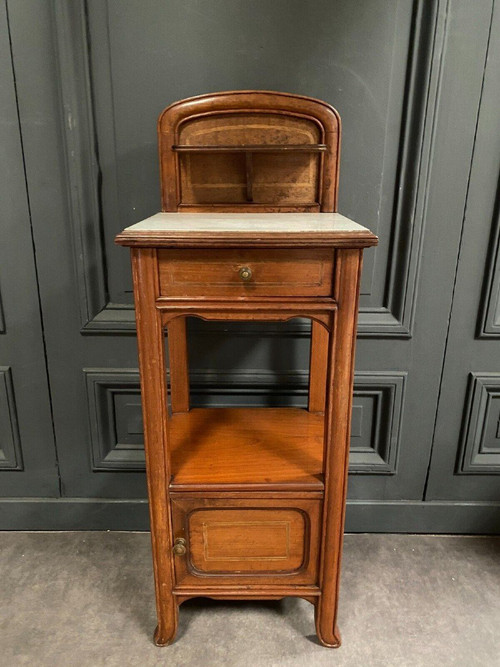 Bedside table in blond mahogany 1900 Art Nouveau white marble top