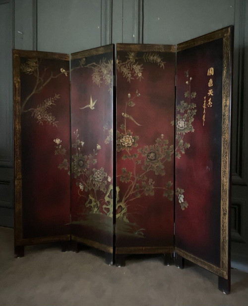 Chinese lacquer screen, 4 panels, naturalistic décor, early 20th century