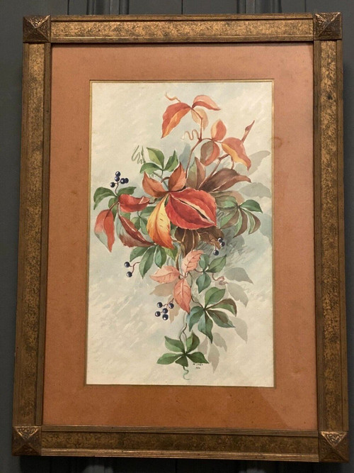 Watercolor on paper still life flower throw XXth by M. Jagu 1914