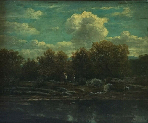 Olio su tavola di Chevalier 1878 Scena di Barbizon Cornice di legno