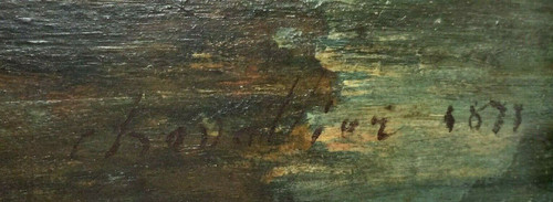 Olio su tavola di Chevalier 1878 Scena di Barbizon Cornice di legno