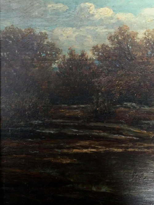 Olio su tavola di Chevalier 1878 Scena di Barbizon Cornice di legno