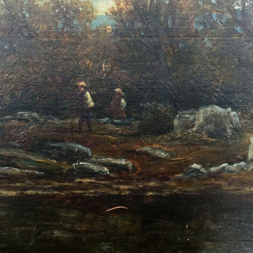 Olio su tavola di Chevalier 1878 Scena di Barbizon Cornice di legno