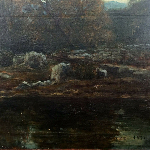 Olio su tavola di Chevalier 1878 Scena di Barbizon Cornice di legno