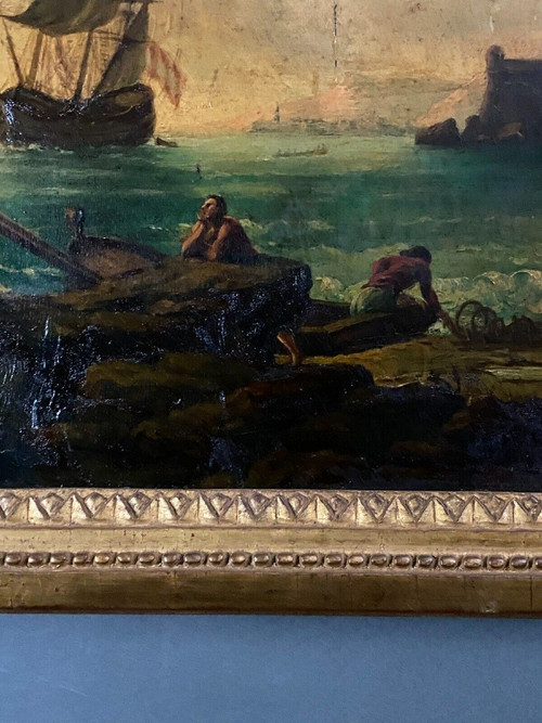 Oil on panel port scene follower of Delacroix Marseille 19th century