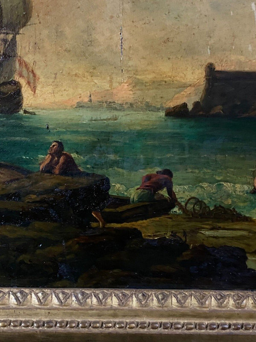 Oil on panel port scene follower of Delacroix Marseille 19th century