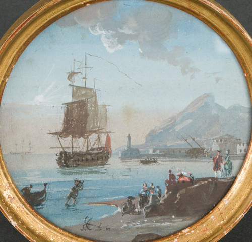 Miniature galleon and harbor scene in gilded wood frame