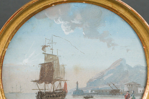 Miniature galleon and harbor scene in gilded wood frame