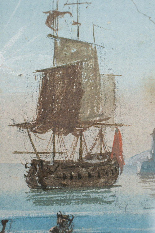 Miniature galleon and harbor scene in gilded wood frame