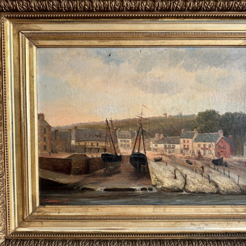 Huile sur toile par F. Lemoine le port de Nantes fin XIXe cadre stuc