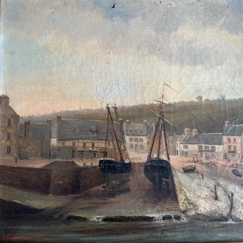 Huile sur toile par F. Lemoine le port de Nantes fin XIXe cadre stuc