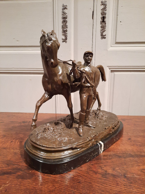 Bronze représentant un jockey et son cheval signé P.J. Mène 1866, d’époque XXème siècle.