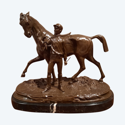 Bronze représentant un jockey et son cheval signé P.J. Mène 1866, d’époque XXème siècle.