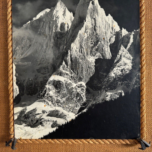 Black and white mountain photograph with rope frame mid 20th century