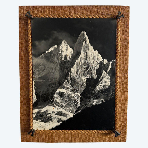 Black and white mountain photograph with rope frame mid 20th century