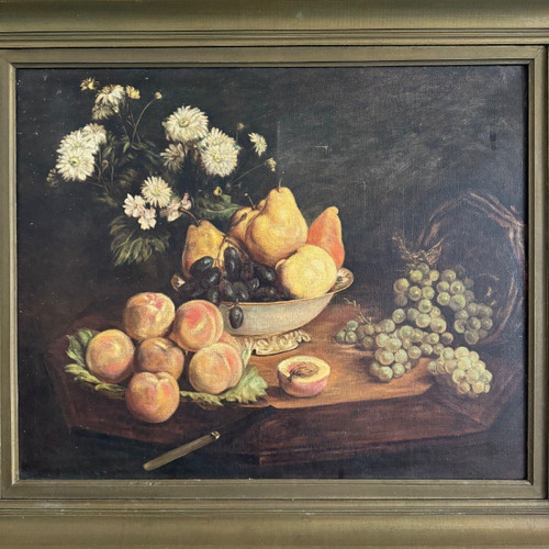 Oil on canvas 1900 after Fantin Latour still life Flowers and fruit