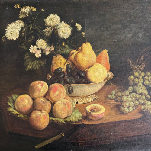 Oil on canvas 1900 after Fantin Latour still life Flowers and fruit