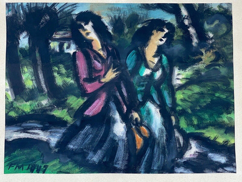 Watercolor on paper by Frans Masereel 1947 couple of women with a jug