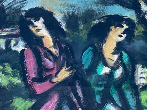 Watercolor on paper by Frans Masereel 1947 couple of women with a jug