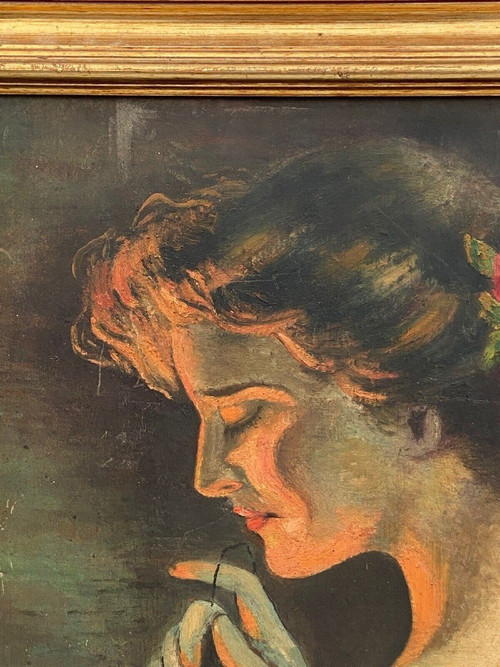 Huile sur carton par Guéret femme de profil XXe