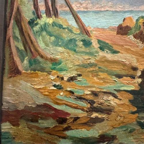 Oil on cardboard depicting a rocky coastline by M. Garrec 20th century