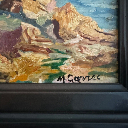 Oil on cardboard depicting a rocky coastline by M. Garrec 20th century