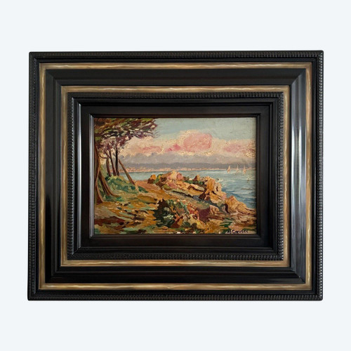 Oil on cardboard depicting a rocky coastline by M. Garrec 20th century