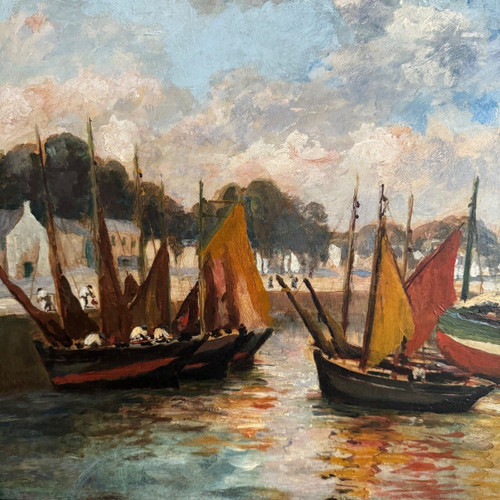 Oil on cardboard by Henri Malfroy Savigny fishing port