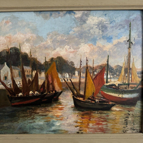 Oil on cardboard by Henri Malfroy Savigny fishing port