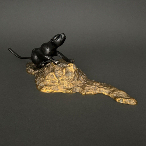 Black panther in cubist Art Deco bronze 1930 double patina