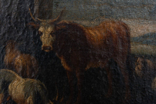 Huile sur toile XVIIIe scène d'animaux et de berger cadre doré