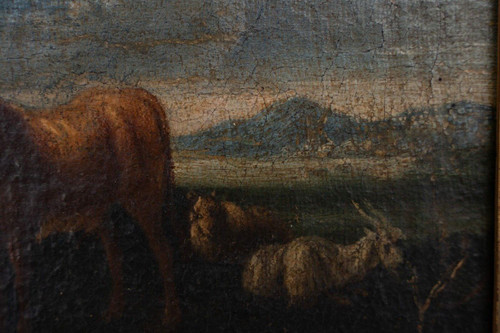 Huile sur toile XVIIIe scène d'animaux et de berger cadre doré