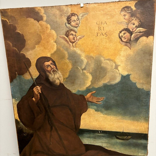 Antique large oil on canvas painting depicting St. Francis of Paola 18th century mis 145 x 106