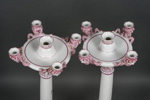 Pair of Jacob Petit Rihouet 5-light candelabra with caryatid decor