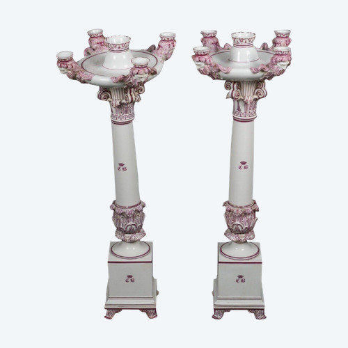 Pair of Jacob Petit Rihouet 5-light candelabra with caryatid decor