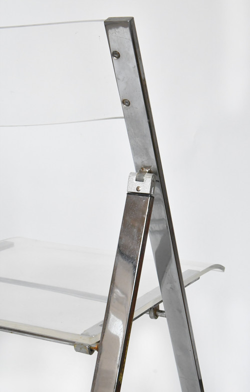 Suite of 5 folding chairs from the 1970s in chromed metal and Plexiglas