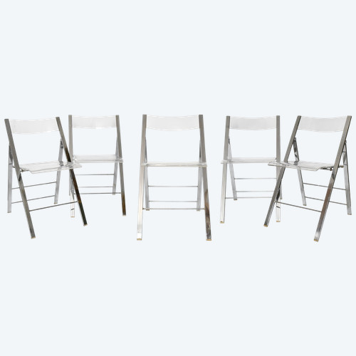 Suite of 5 folding chairs from the 1970s in chromed metal and Plexiglas