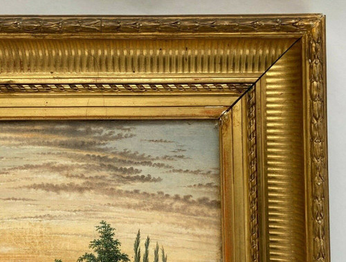 Oil on canvas 19th century river landscape frame with palmettes and flutes