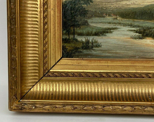 Oil on canvas 19th century river landscape frame with palmettes and flutes