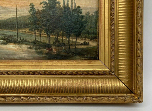 Oil on canvas 19th century river landscape frame with palmettes and flutes