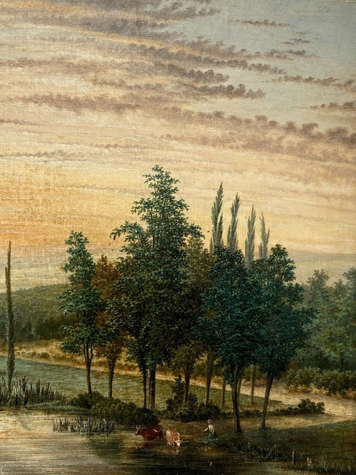 Oil on canvas 19th century river landscape frame with palmettes and flutes