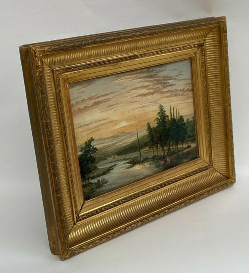 Oil on canvas 19th century river landscape frame with palmettes and flutes